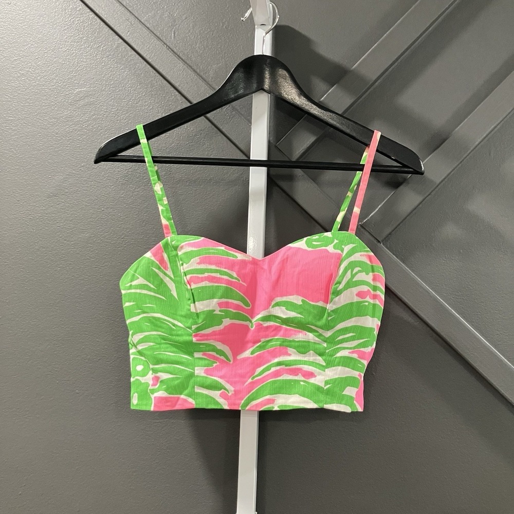 Lilly Pulitzer Palm Print Crop Top Bustier Sweetheart Cami Pink‎ Green Size 0